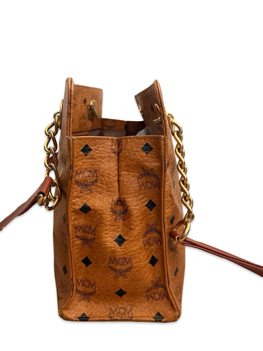 MCM Visetos Cognac Shoulder Bag Gold Chain Strap Medium Tote - Picture 5 of 17